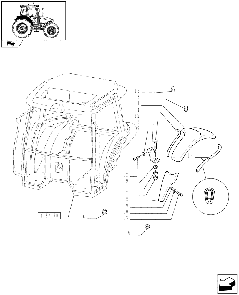 Схема запчастей Case IH FARMALL 90 - (1.92.87[01]) - MUDGUARDS AND FOOTBOARDS - W/CAB (10) - OPERATORS PLATFORM/CAB