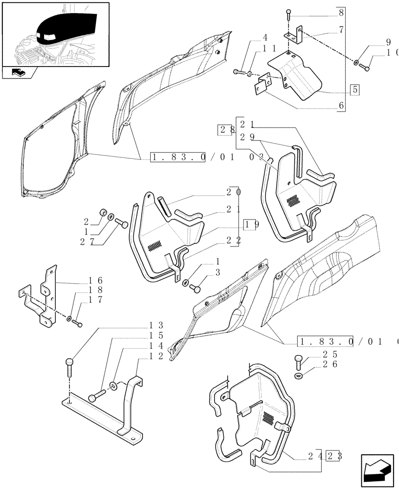 Схема запчастей Case IH FARMALL 95N - (1.83.0/01[05]) - HOOD BRACKETS AND HEAT PROTECTIONS (08) - SHEET METAL