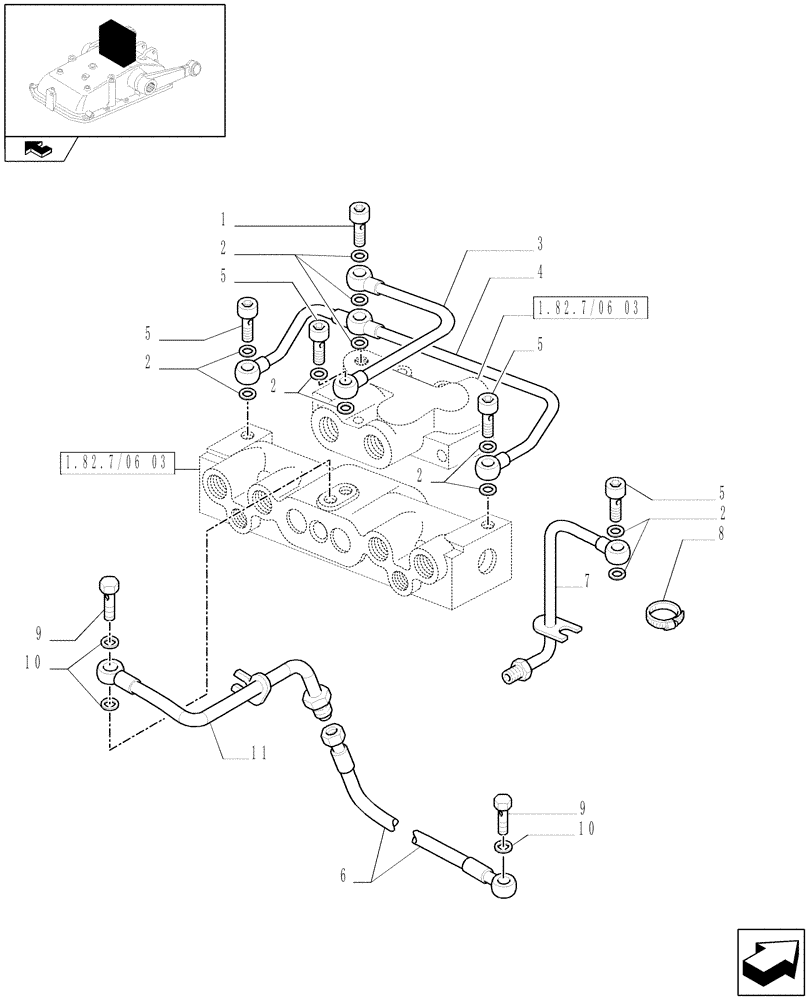 Схема запчастей Case IH FARMALL 85N - (1.82.7/06[04]) - 3 REAR REMOTE VALVES WITH DOUBLE FLOW DIVIDER - PIPES (VAR.331391-334391 / 743527) (07) - HYDRAULIC SYSTEM