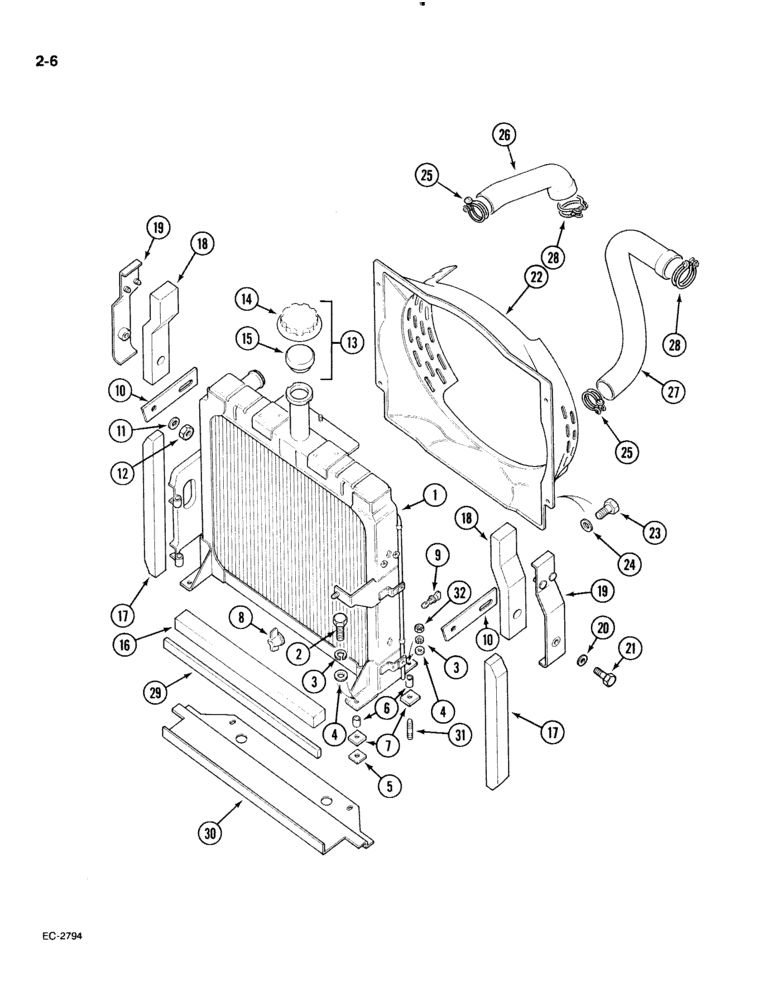 Схема запчастей Case IH 885 - (2-006) - RADIATOR AND CONNECTIONS, WITHOUT AIR CONDITIONING OR TROPICAL COOLING (02) - ENGINE