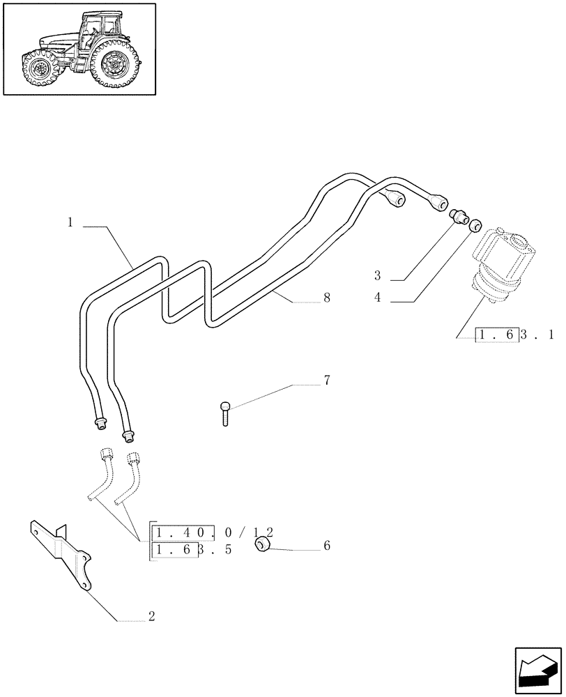 Схема запчастей Case IH JX85 - (1.63.8/01[02]) - POWER STEERING - PUMP AND PIPES (04) - FRONT AXLE & STEERING