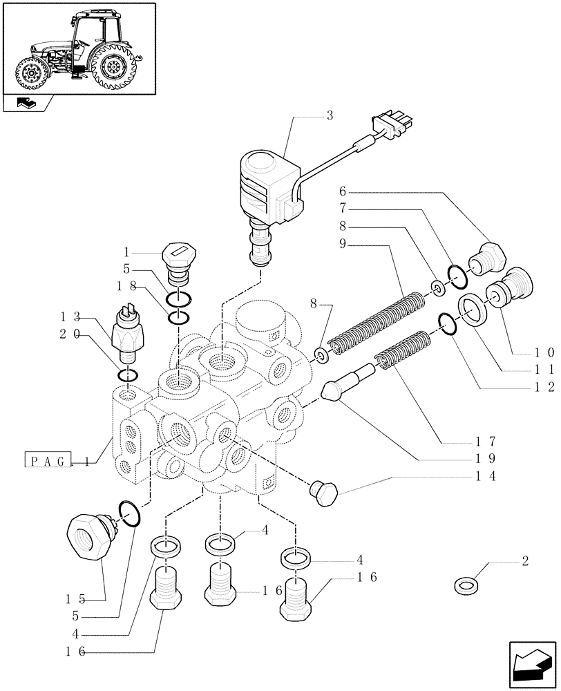 Схема запчастей Case IH FARMALL 85C - (1.33.1/04[02]) - REAR MECH. DIFF. LOCK WITH EL.-HYDR. ENGAGEMENT AND MECH. TRANSM. - SOLENOID VALVE (VAR.331381) (04) - FRONT AXLE & STEERING