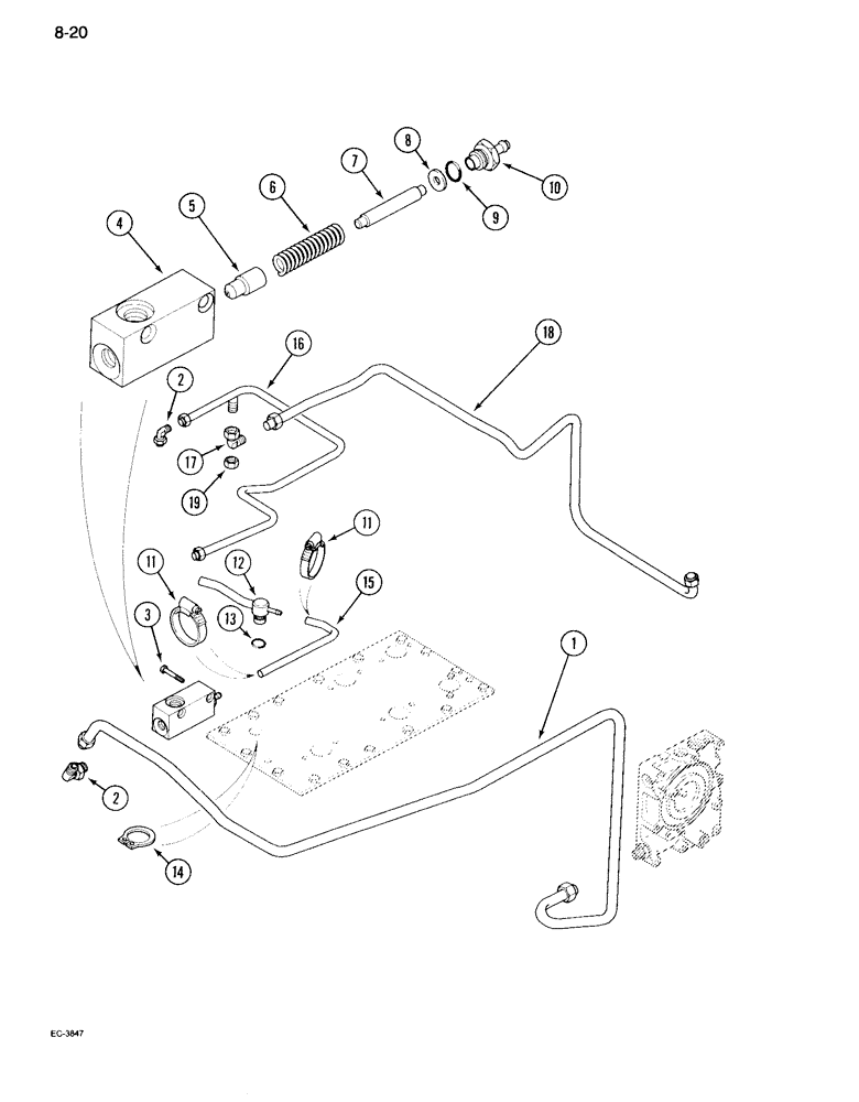 Схема запчастей Case IH 995 - (8-20) - REGULATOR VALVE AND CONNECTIONS CREEP, WITH CAB (08) - HYDRAULICS