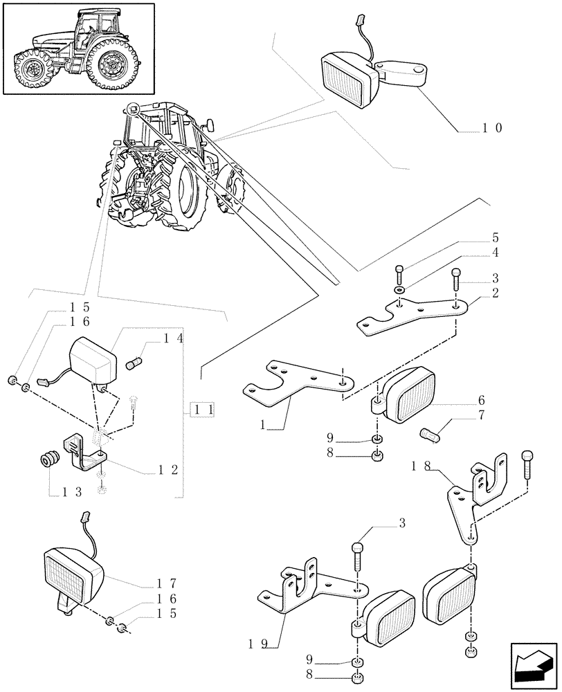 Схема запчастей Case IH MAXXUM 100 - (1.91.3/03) - WORKLAMPS FOR ROOF WITH LOW PROFILE (VAR.330784) (10) - OPERATORS PLATFORM/CAB