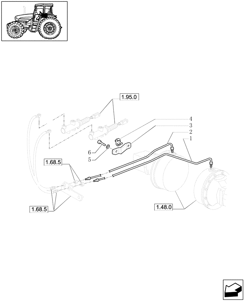 Схема запчастей Case IH JX1090U - (1.68.5/08) - (VAR.727) SYNCHRO MESH GEARED POWER TAKE -OFF 540 RPM - BRAKES PIPES (05) - REAR AXLE