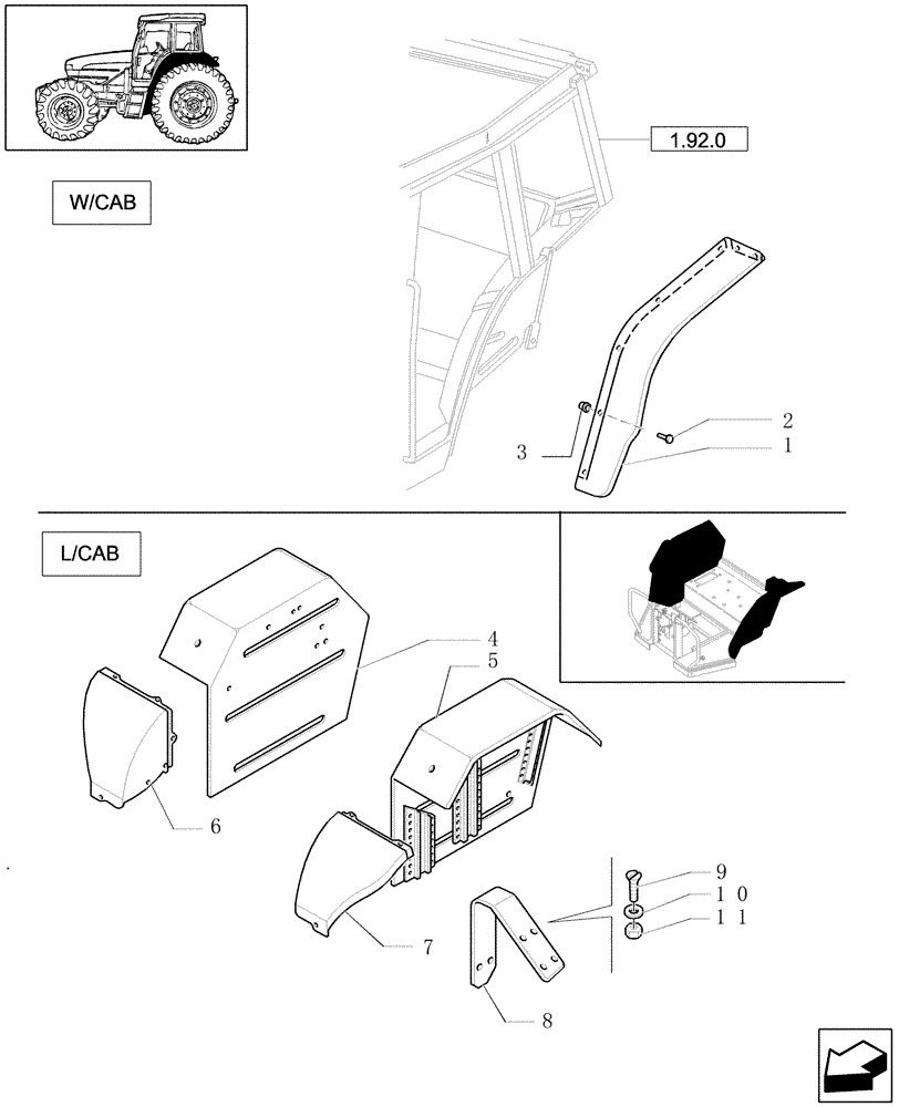 Схема запчастей Case IH JX1080U - (1.92.5/02) - (VAR.870) WIDE MUDGUARDS - BRACKETS - EXTENSIONS (10) - OPERATORS PLATFORM/CAB