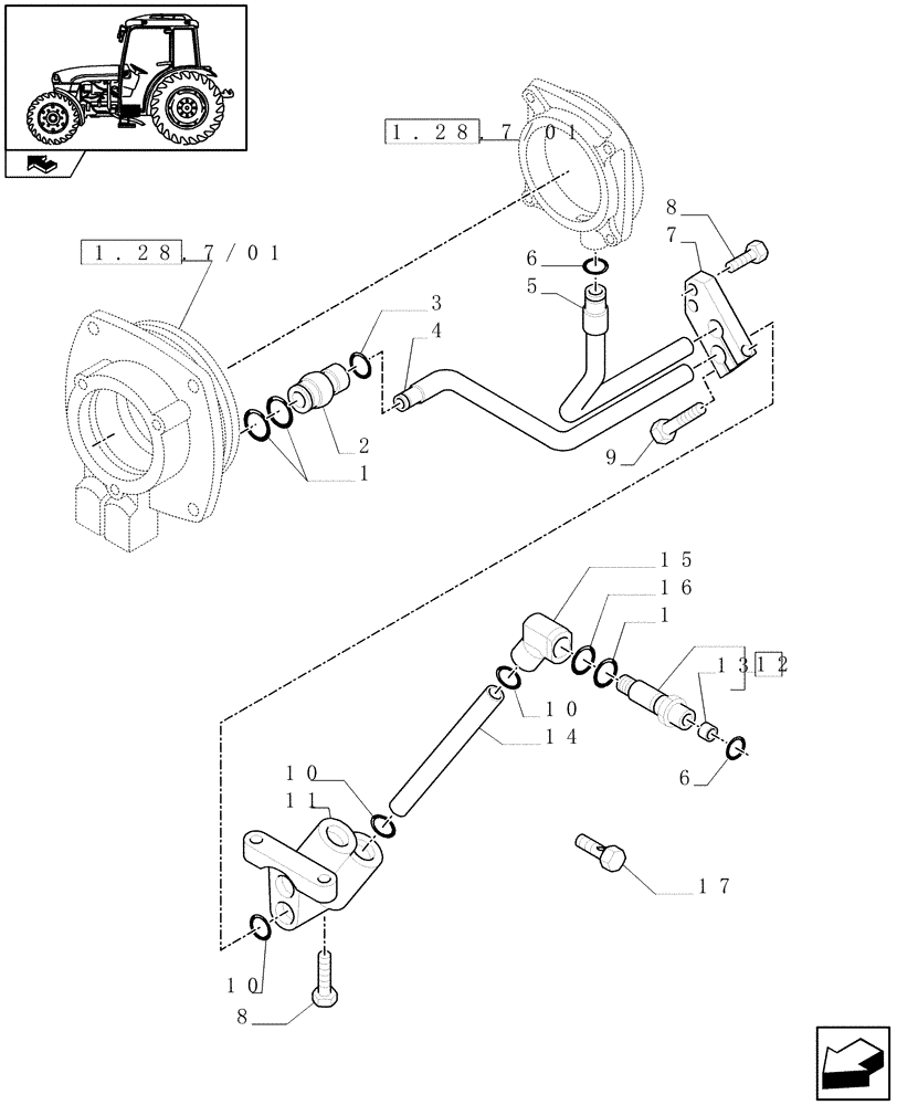 Схема запчастей Case IH FARMALL 85C - (1.27.3/03[02]) - POWER SHUTTLE - PIPES AND MANIFOLDS (03) - TRANSMISSION