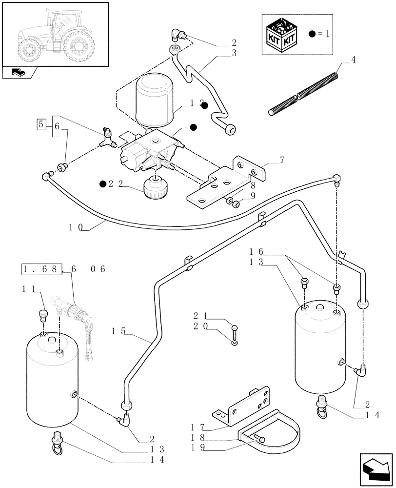 Схема запчастей Case IH PUMA 165 - (1.68.6[05]) - PNEUMATIC TRAILER BRAKE - AIR TANK AND PIPES (05) - REAR AXLE