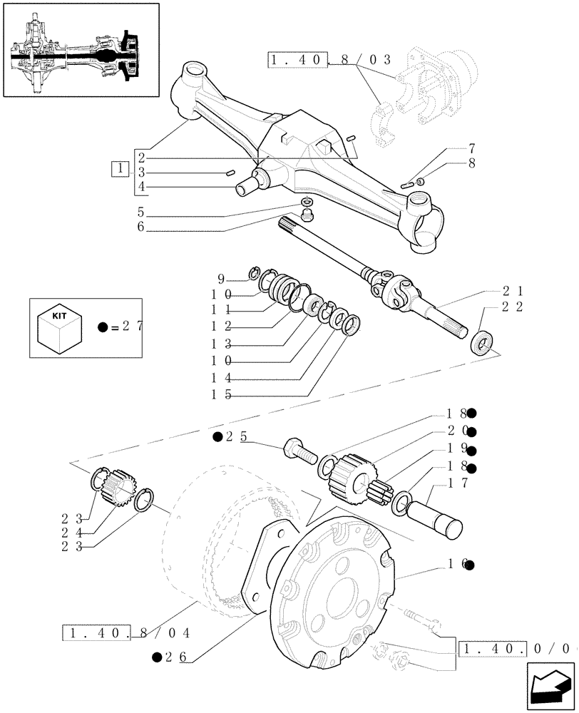 Схема запчастей Case IH JX1080U - (1.40. 8/01[01A]) - (VAR.415) FRONT AXLE CL. 2/BRAKE, FRONT MUDGARD HYDR. DIFF. LOCK. HYDR. TRANSM. - FRONT AXLE - D4998 (04) - FRONT AXLE & STEERING