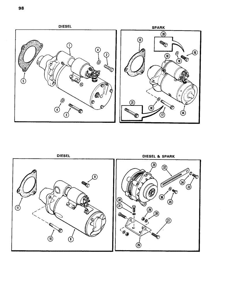 Схема запчастей Case IH 770 - (098) - ELECTRICAL EQUIPMENT MOUNTING, 267B DIESEL AND 251B SPARK IGNITION ENGINES (04) - ELECTRICAL SYSTEMS