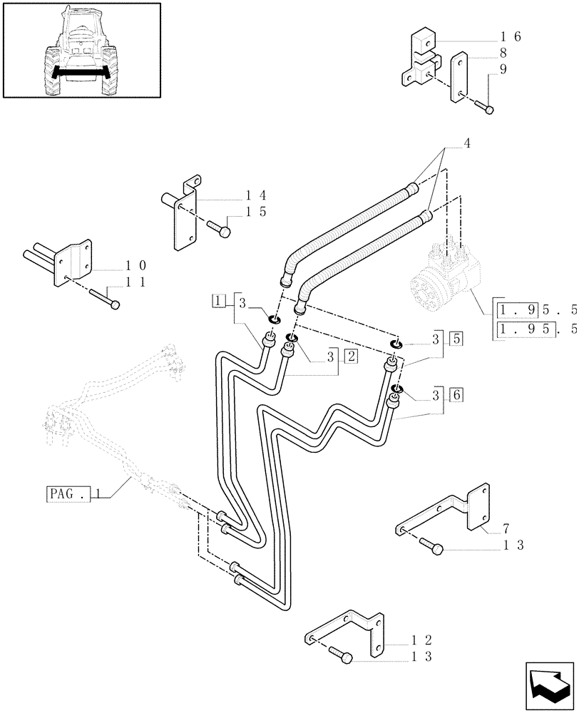 Схема запчастей Case IH MAXXUM 130 - (1.42.0[02]) - POWER STEERING DELIVERY AND RETURN PIPES (04) - FRONT AXLE & STEERING