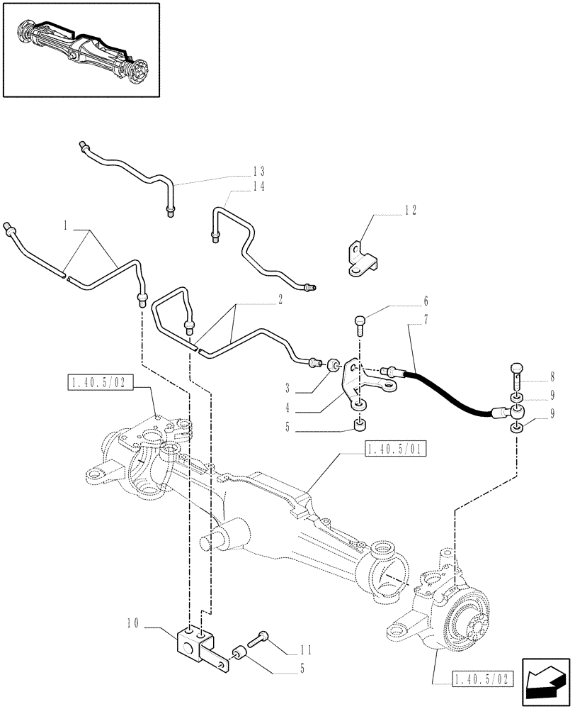 Схема запчастей Case IH MAXXUM 100 - (1.40. 5/14[02]) - (CL.3) SUSPENDED FRONT AXLE W/MULTI-PLATE DIFF. LOCK AND BRAKES - BRAKES PIPES (VAR.330427) (04) - FRONT AXLE & STEERING