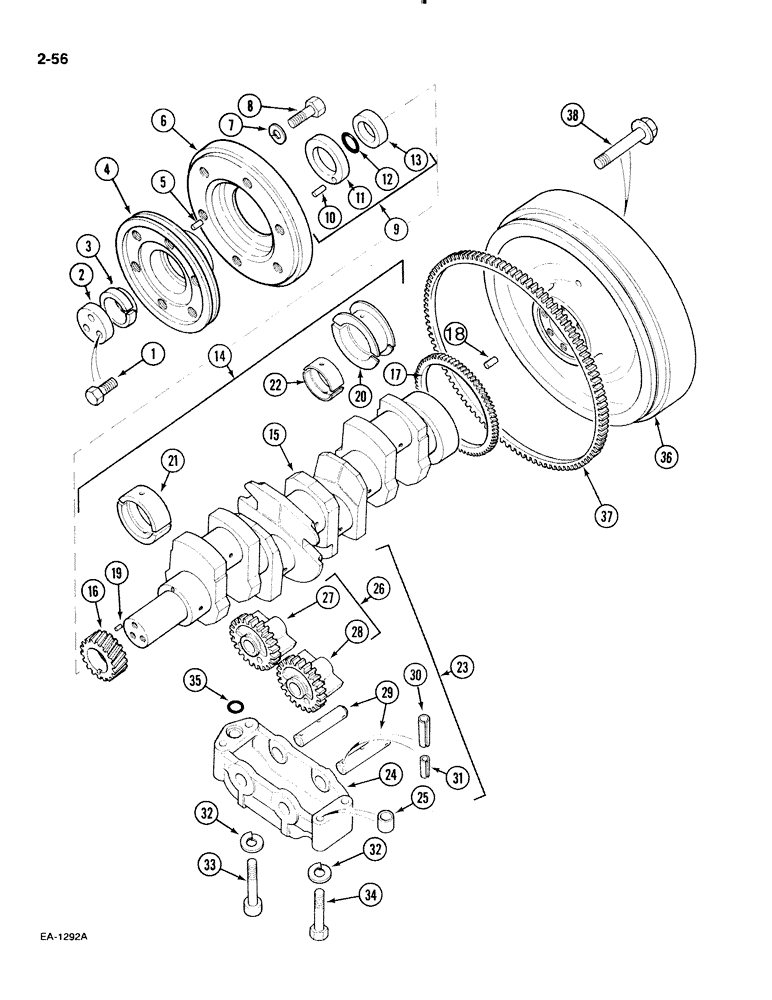 Схема запчастей Case IH 885 - (2-056) - CRANKSHAFT, CRANKSHAFT BALANCER AND FLYWHEEL (02) - ENGINE