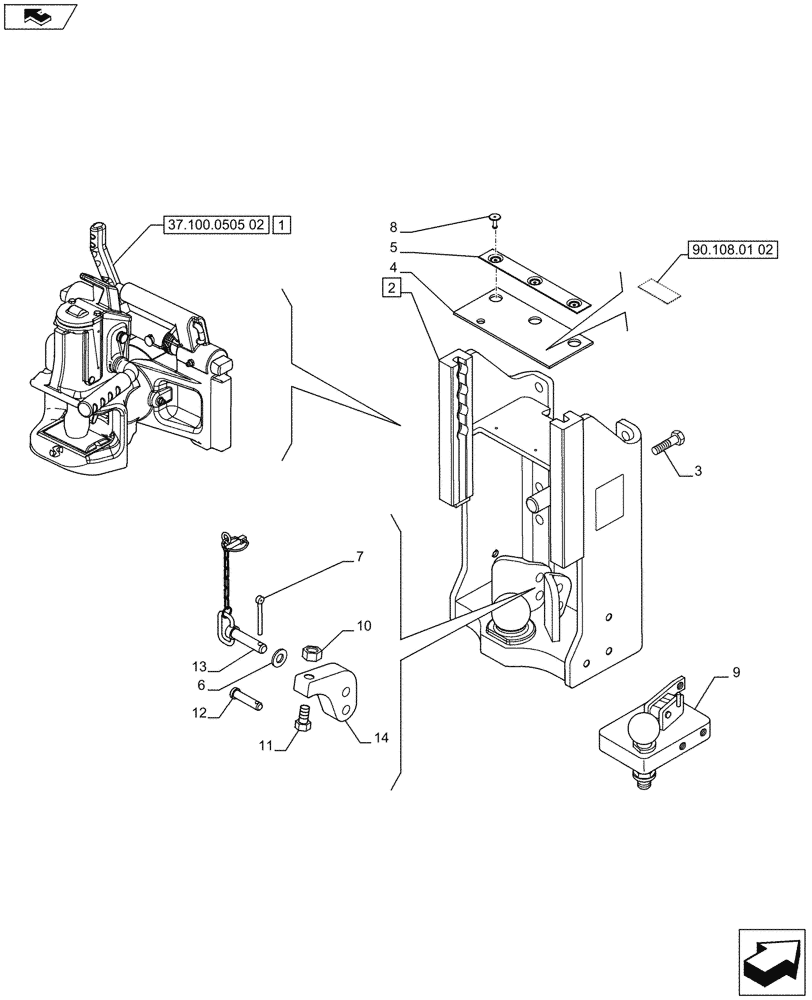 Схема запчастей Case IH PUMA 170 - (37.100.0505[01]) - SLIDER TOW HOOK WITH AUTO SWIVEL COUPLING (38 MM) AND K80 WELDED (VAR.743180) (37) - HITCHES, DRAWBARS & IMPLEMENT COUPLINGS