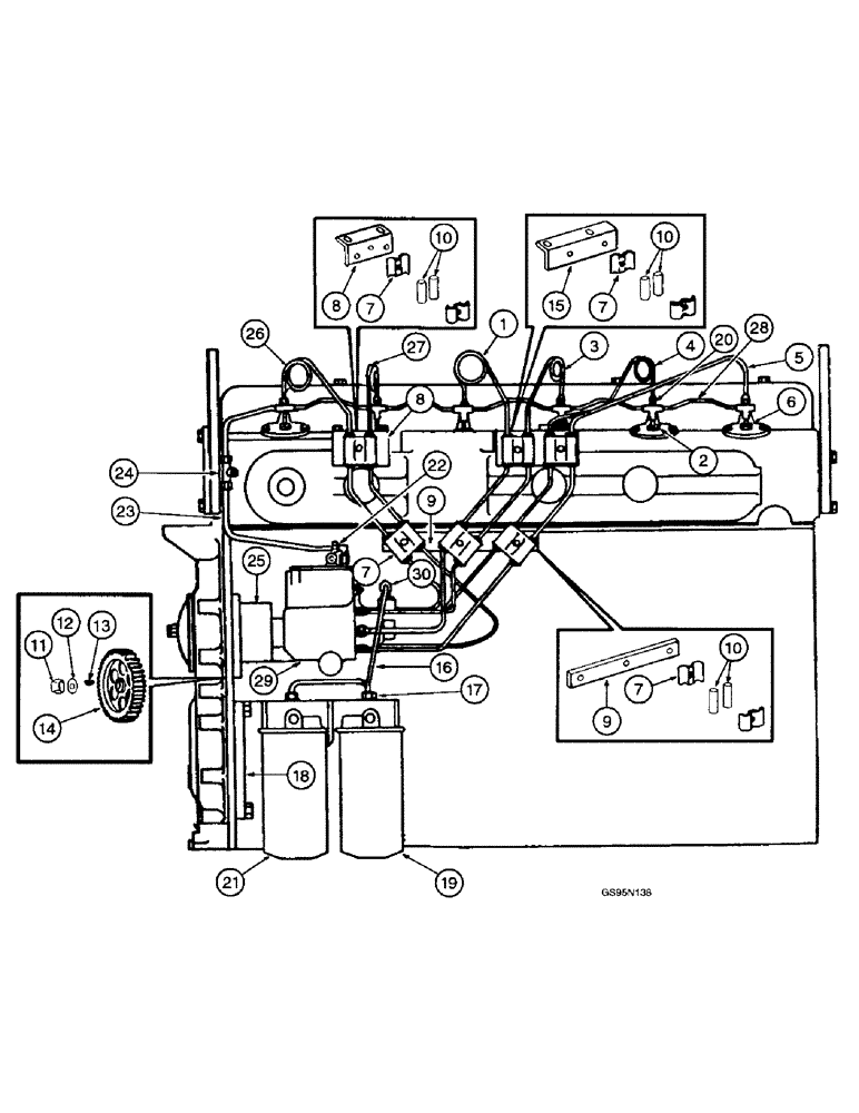 Схема запчастей Case IH DT-429 - (9-38) - FUEL INJECTION PUMP, PIPE AND CONNECTIONS, ENGINE S/N 11140 & AFTER 