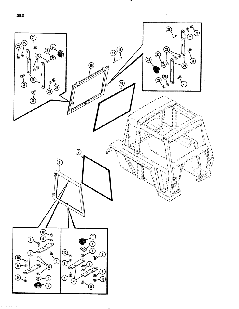 Схема запчастей Case IH 1070 - (0592) - CAB, WINDOWS, USED PRIOR TO CAB SERIAL NUMBERS 7814176 (09) - CHASSIS/ATTACHMENTS