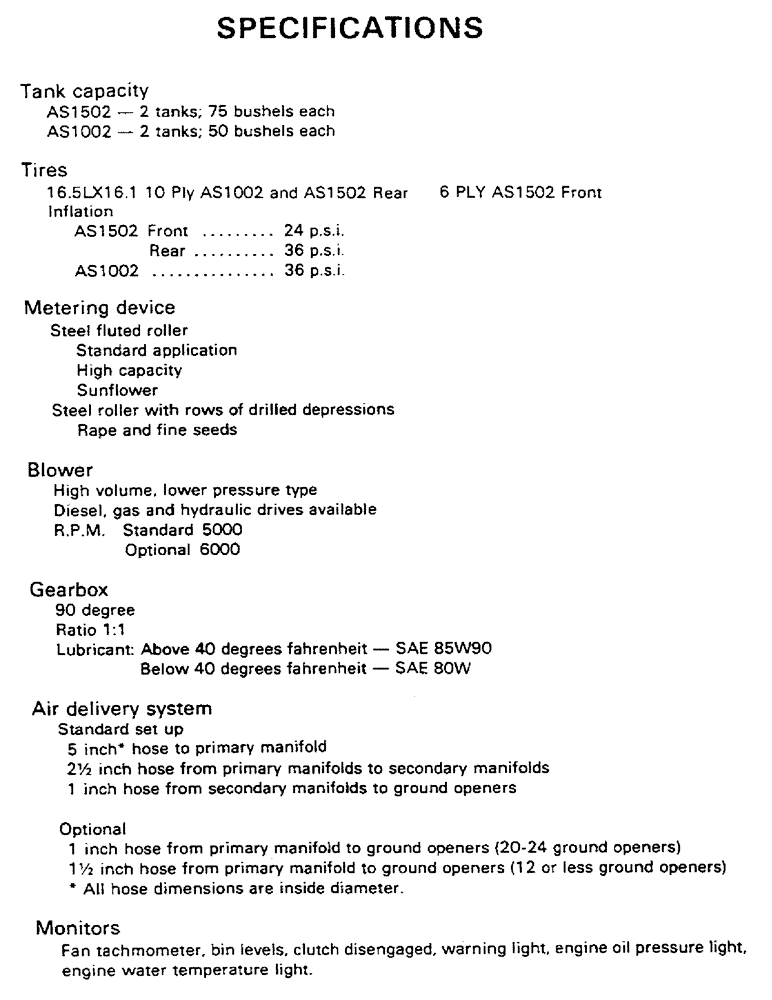 Схема запчастей Case IH AS1002 - (26) - SPECIFICATIONS (05) - SERVICE & MAINTENANCE