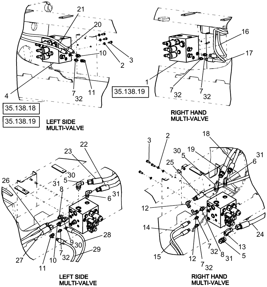 Схема запчастей Case IH 1240 - (35.138.02) - LAYOUT MULTI-VALVES MOUNTING 24 ROW (35) - HYDRAULIC SYSTEMS