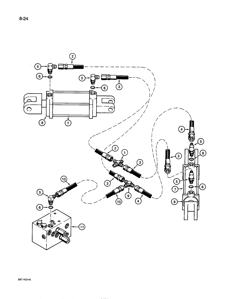 Схема запчастей Case IH 8600 - (8-24) - HYDRAULIC CONTROL LINES, TO TRACK ERASER CYLINDERS (08) - HYDRAULICS