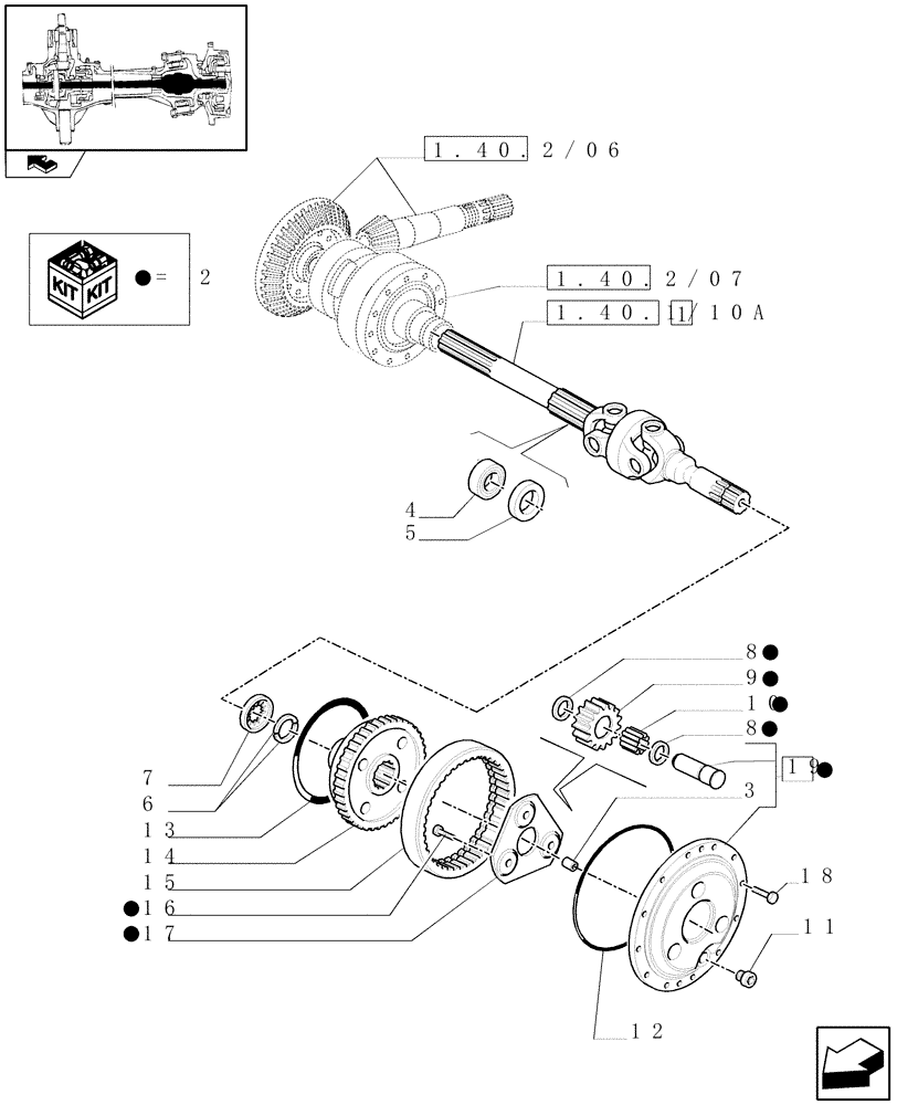 Схема запчастей Case IH PUMA 140 - (1.40. 2/10[01]) - (CL.4) FRONT AXLE W/MULTI-PLATE DIFF.LOCK AND STEERING SENSOR - DIFFER.GEARS AND SHAFT - C5831 (VAR.330408) (04) - FRONT AXLE & STEERING