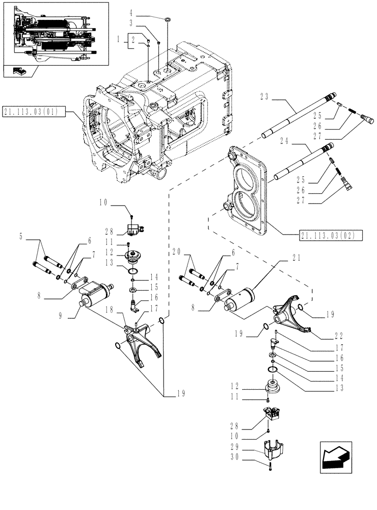 Схема запчастей Case IH MAGNUM 190 - (21.155.09) - TRANSMISSION 40KPH - RANGE GEARSHIFT MECHANISM, WITH CONTINUOUSLY VARIABLE TRANSMISSION (21) - TRANSMISSION