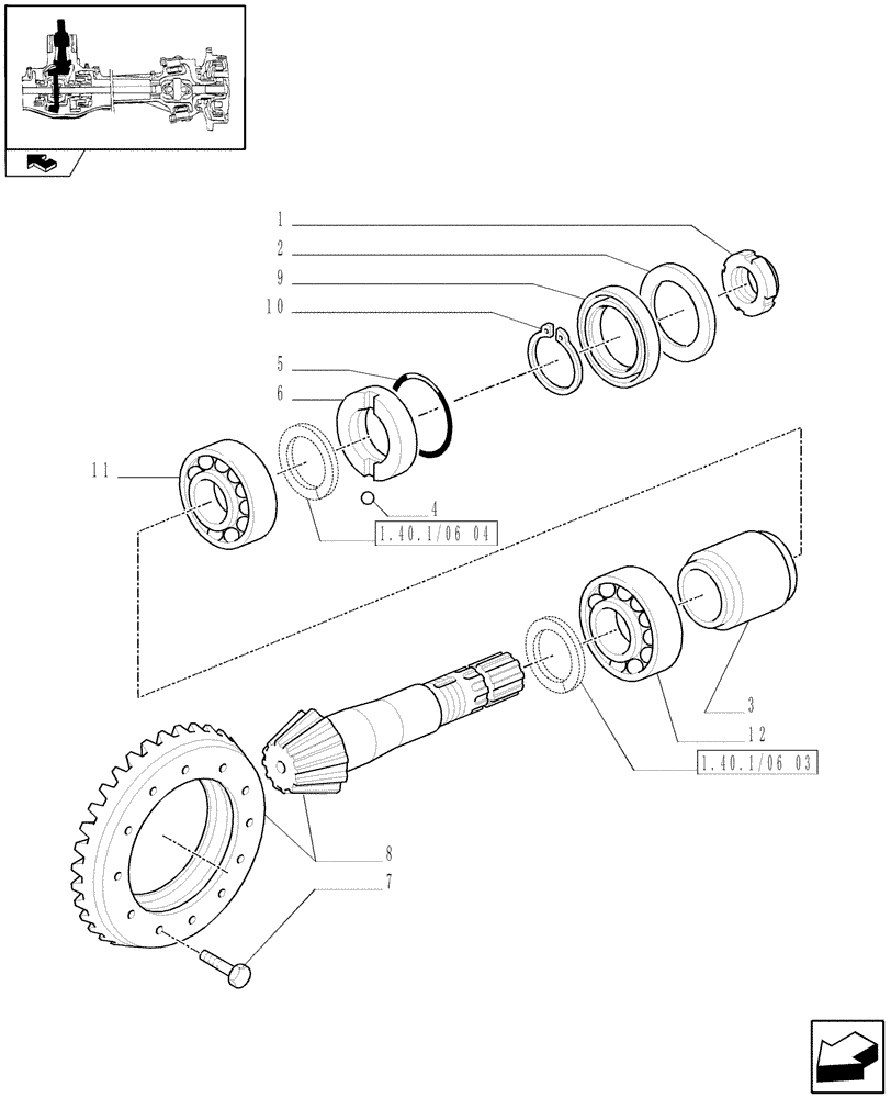 Схема запчастей Case IH FARMALL 80 - (1.40.6/06) - STANDARD FRONT AXLE W/LIMITED SLIP DIFF, W/ FRONT BRAKES - BEVEL GEAR/PINION SET (VAR.335324-336324-743907-743552) (04) - FRONT AXLE & STEERING