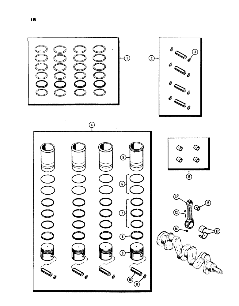 Схема запчастей Case IH 430 - (018) - PISTONS, SLEEVES AND CONNECTING RODS, PRIOR TO S/N 8262800, 430 MODEL, 148B SPARK IGNITION ENGINE (02) - ENGINE