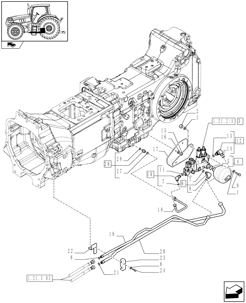 Схема запчастей Case IH PUMA 140 - (1.21.2[01A]) - SUSPENDED FRONT AXLE - SUSPENSION CONTROL VALVE AND PIPES - D6828 (VAR.330414-330427-330429-330430) (03) - TRANSMISSION