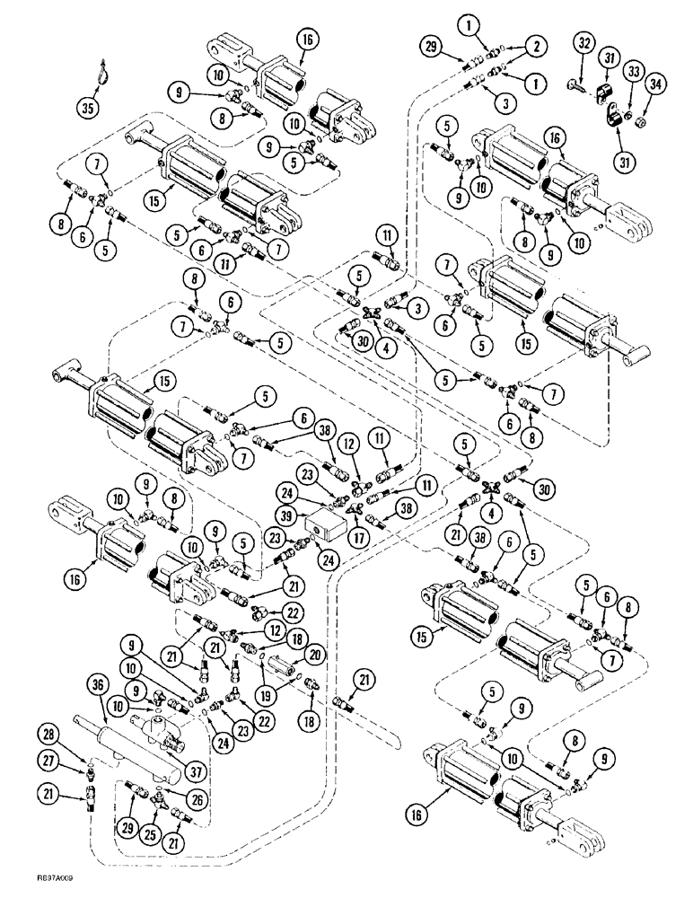 Схема запчастей Case IH 4300 - (8-038) - WING LIFT HYDRAULIC CIRCUIT, STD TRANSPORT, DOUBLE FOLD, 53 FT WIDE VIBRA SHANK, WITH FLOATING HITCH (08) - HYDRAULICS