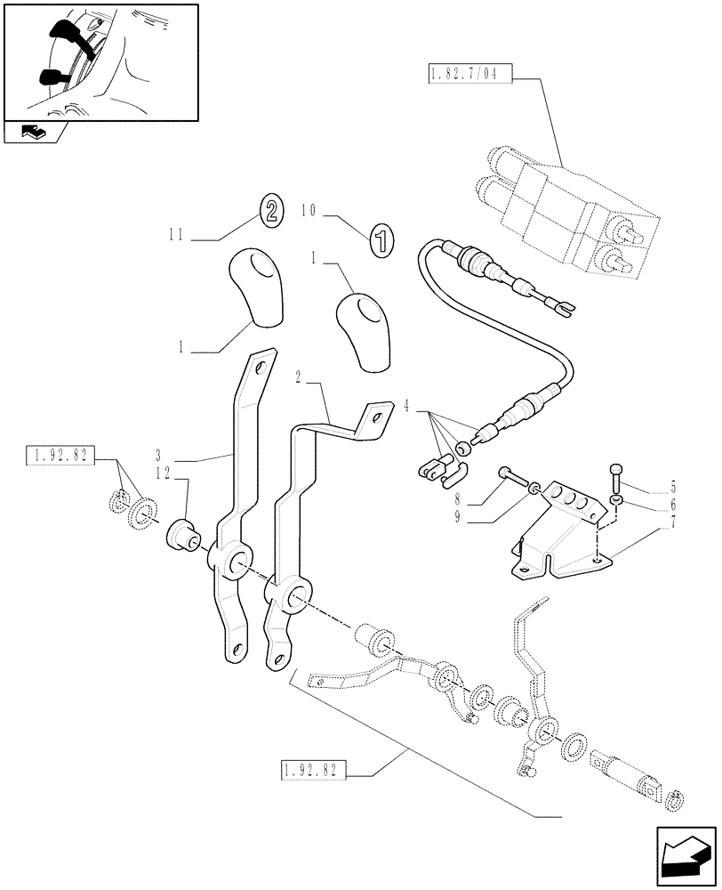 Схема запчастей Case IH FARMALL 85C - (1.92.82/03) - CONTROL LEVERS FOR 2 REAR REMOTE VALVE FOR MID-MOUNT AND MDC - LEVER AND KNOB (VAR.331721) (10) - OPERATORS PLATFORM/CAB