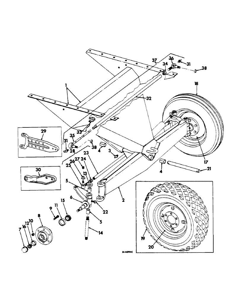 Схема запчастей Case IH 303 - (115) - GUIDE WHEEL AXLE SUPPORT, RIM, DISC, TIRE AND TUBE, GRAIN, SERIAL NO. 7278 AND ABOVE (27) - REAR AXLE SYSTEM