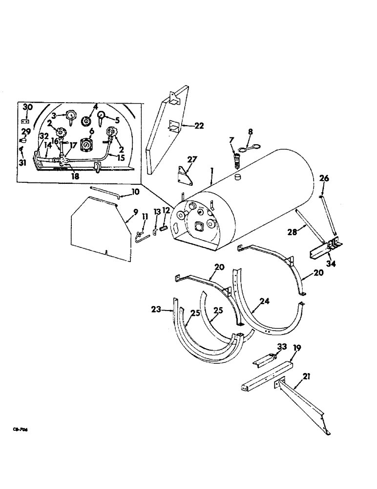 Схема запчастей Case IH 815 - (E-16) - FUEL SYSTEM, FUEL TANK, GAUGES, HOSE, LINES, VALVE AND SUPPORTS FOR LP GAS ENGINES (02) - FUEL SYSTEM