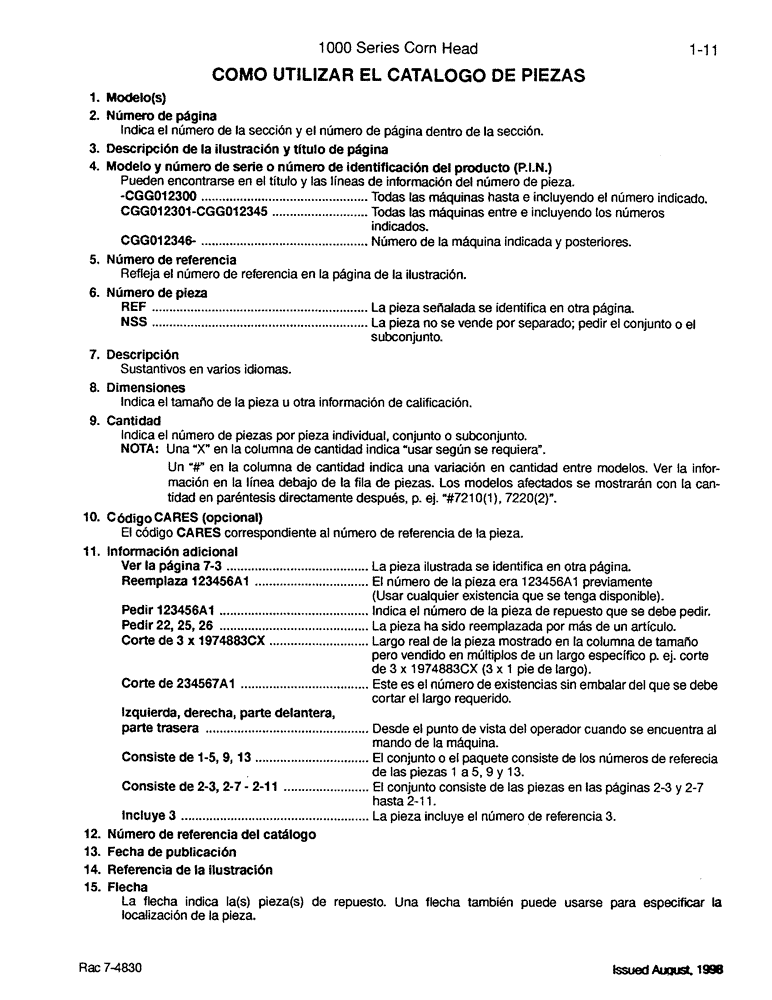 Схема запчастей Case IH 1044 - (01-11) - COMO UTILIZAR EL CATALOGO DE PIEZAS (00) - PICTORIAL INDEX