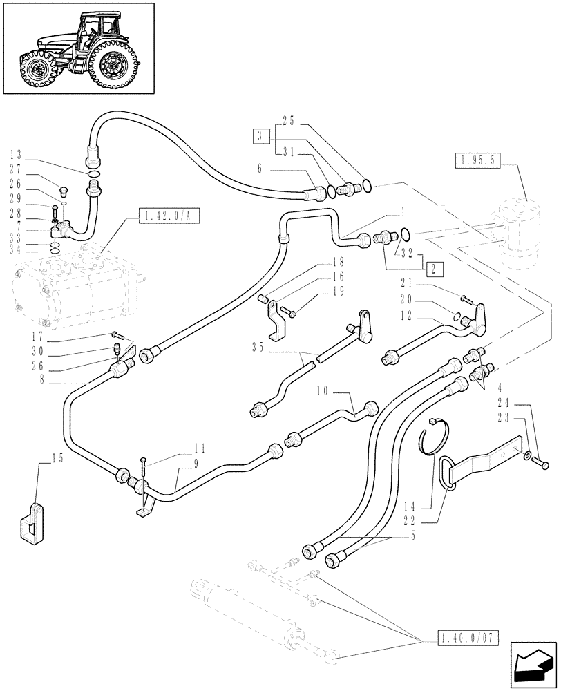 Схема запчастей Case IH JX1070U - (1.42.0[01]) - POWER STEERING HYDRAULIC CONTROL 2WD - PIPES & BRAKETS (04) - FRONT AXLE & STEERING