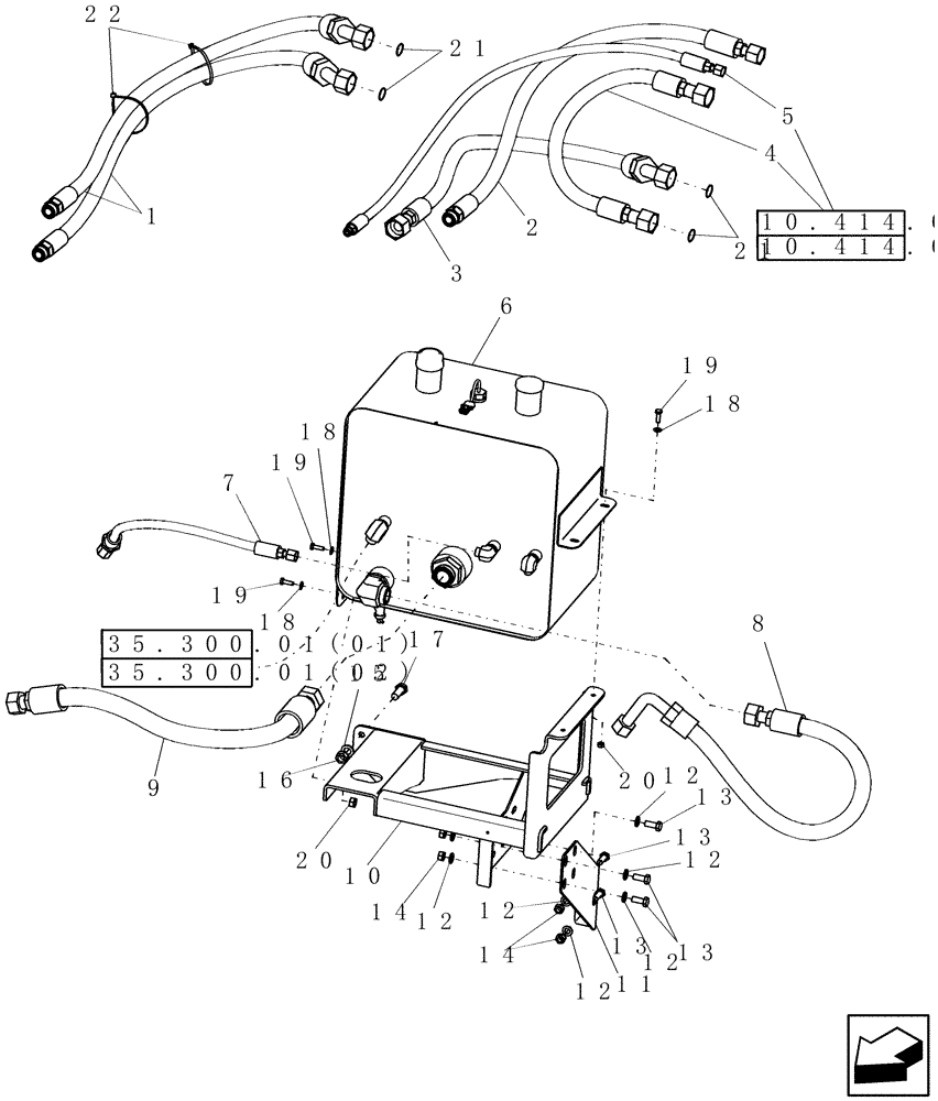 Схема запчастей Case IH 8010 - (35.300.09[04]) - RESERVOIR, HYDRAULIC, WITH HOSES AND SUPPORTS - 9010 (35) - HYDRAULIC SYSTEMS