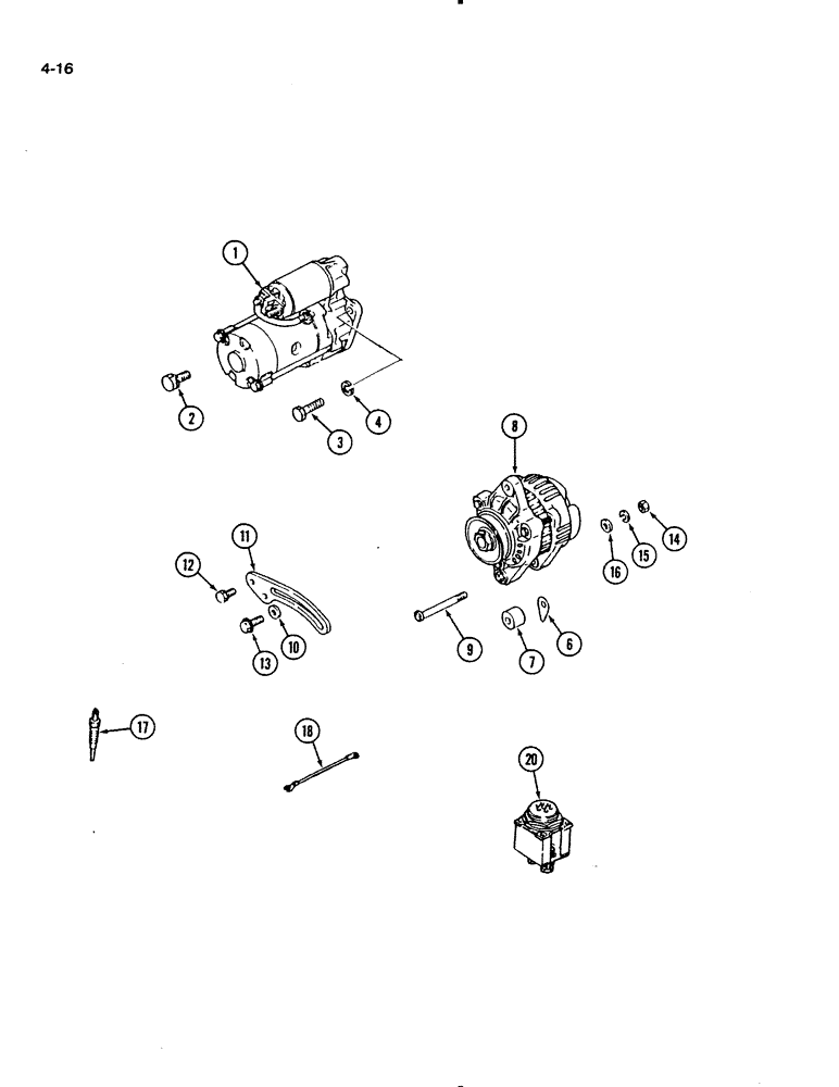 Схема запчастей Case IH 1140 - (4-16) - STARTER MOUNTING, 1140 TRACTOR, ALTERNATOR MOUNTING, GLOW PLUG 1140 TRACTOR (04) - ELECTRICAL SYSTEMS