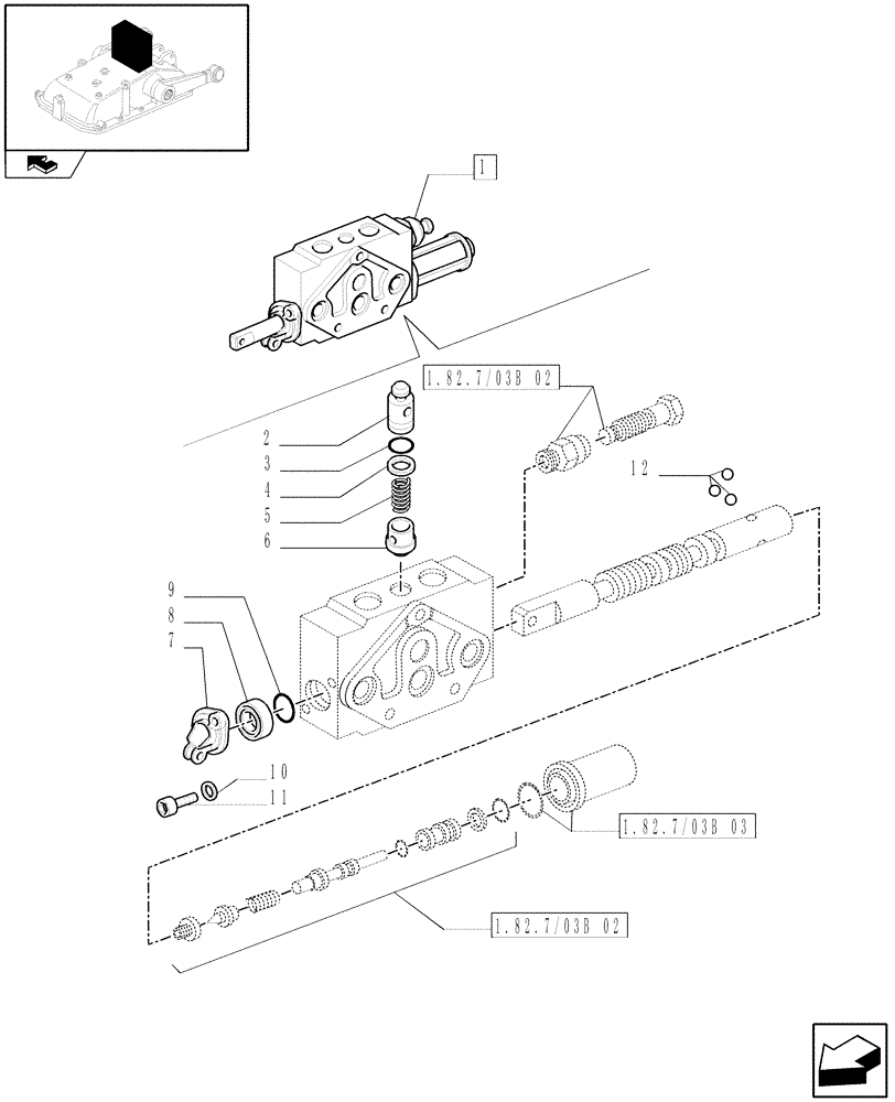 Схема запчастей Case IH FARMALL 75N - (1.82.7/03B[01]) - DOUBLE-ACTING EXTERNAL CONTROL VALVE WITH FLOAT AND AUTOMATIC CUTOUT - BREAKDOWN (07) - HYDRAULIC SYSTEM