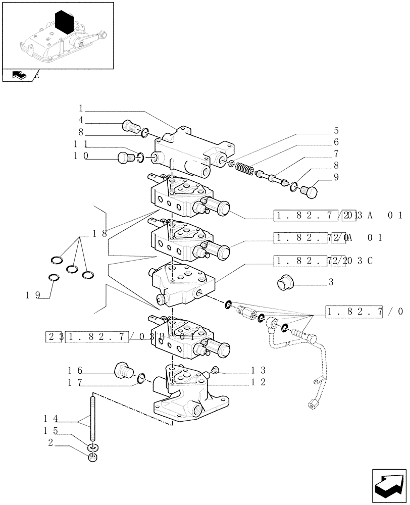 Схема запчастей Case IH FARMALL 75N - (1.82.7/07[01]) - 3 REM. VALVES FOR ELECTRONIC LIFTER W/HYDRAULIC DIVIDER - VALVE AND FLANGE (VAR.336391 / 743526) (07) - HYDRAULIC SYSTEM