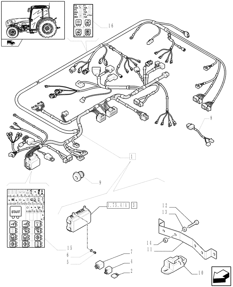 Схема запчастей Case IH FARMALL 105N - (1.92.754/02) - FRONT AXLE ELECTRO-HYDRAULIC AND AUTOMATIC ENGAGEMENT - MAIN HARNESS (VAR.335307-338307 / 743512; VAR.336307) (10) - OPERATORS PLATFORM/CAB