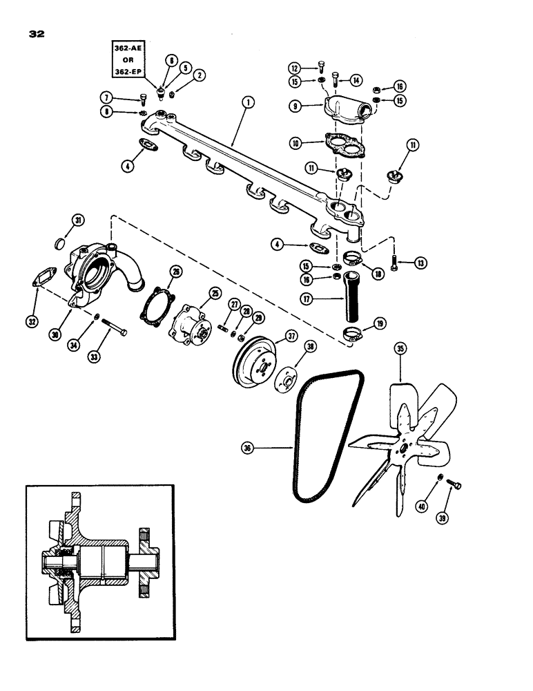 Схема запчастей Case IH 970 - (032) - WATER MANIFOLD AND THERMOSTAT, (377B) SPARK IGNITION ENGINE (02) - ENGINE