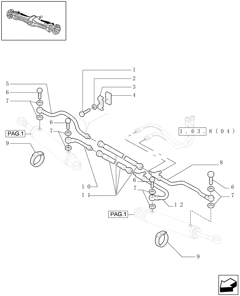 Схема запчастей Case IH JX80 - (1.40.3/12[02]) - (VAR.539) FRONT AXLE - POWER STEERING CYLINDER AND PIPES (04) - FRONT AXLE & STEERING