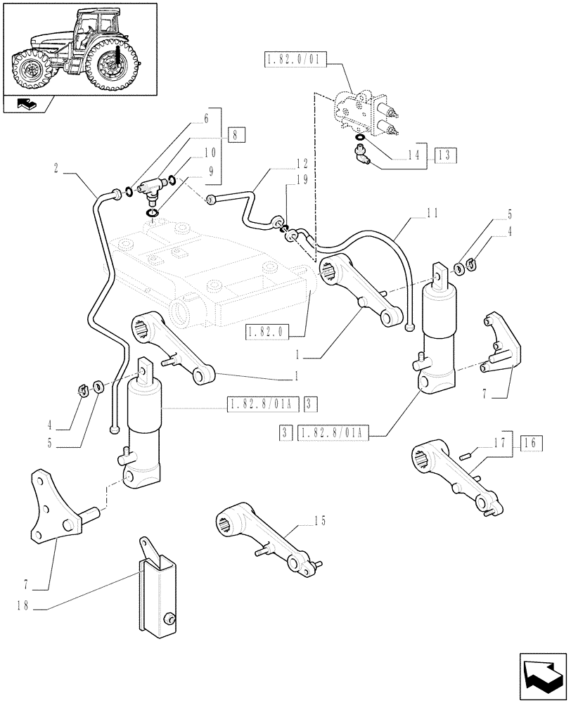 Схема запчастей Case IH FARMALL 95U - (1.82.1/04) - 2 ADDITIONAL JACKS FOR EDC - PIPES, UNIONS AND SUPPORTS (VAR.332784-333784) (07) - HYDRAULIC SYSTEM