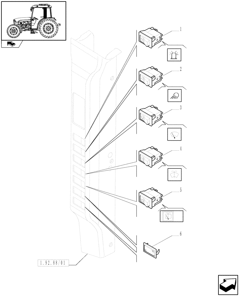 Схема запчастей Case IH FARMALL 75C - (1.91.1[02]) - SWITCH AND RELATED PARTS (10) - OPERATORS PLATFORM/CAB