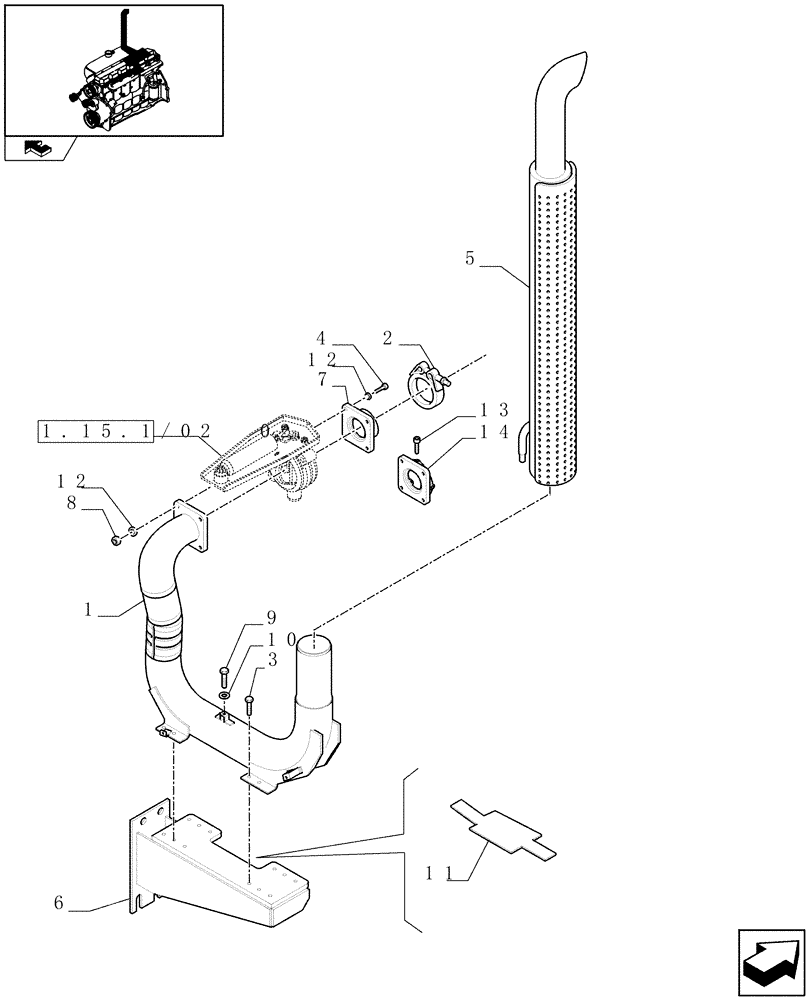 Схема запчастей Case IH PUMA 210 - (1.15.1/02[01A]) - (VAR.040) EXHAUST BRAKE - EXHAUST SYSTEM AND SUPPORT - D6694 (02) - ENGINE EQUIPMENT