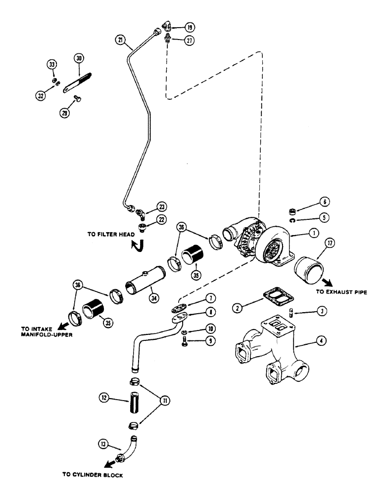 Схема запчастей Case IH 2670 - (032) - TURBOCHARGER AND ATTACHING PARTS, 504BDT INTERCOOLED DIESEL ENGINE, FIRST USED ENG. S/N 10018831 (02) - ENGINE