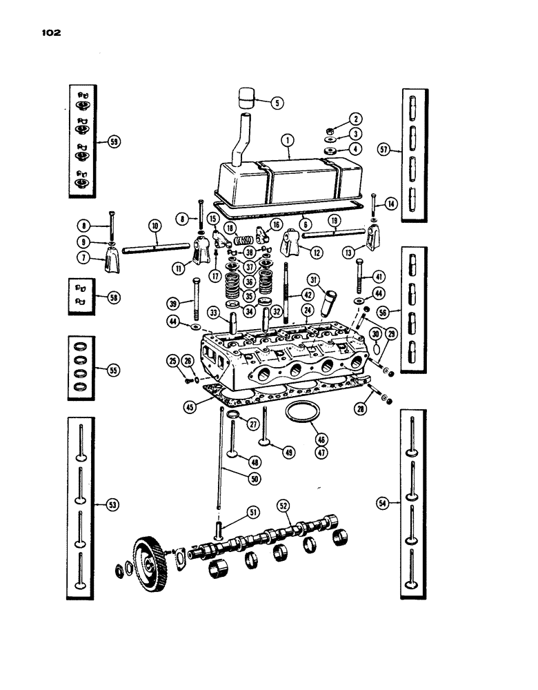 Схема запчастей Case IH 530 - (102) - CYLINDER HEAD ASSEMBLY, CASTING NO. A36296, PRIOR TO S/N 8262800, 430 AND 530 MODELS, 188 DSL ENG (02) - ENGINE