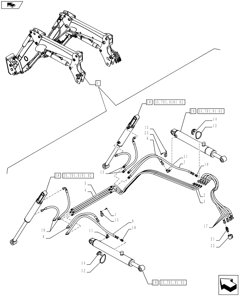 Схема запчастей Case IH L630 - (35.701.0101[01]) - FRONT LOADER (SELF LEVELLING) - BREAKDOWN - HYDRAULIC SYSTEM - NAR (VAR.334489-339489) (35) - HYDRAULIC SYSTEMS