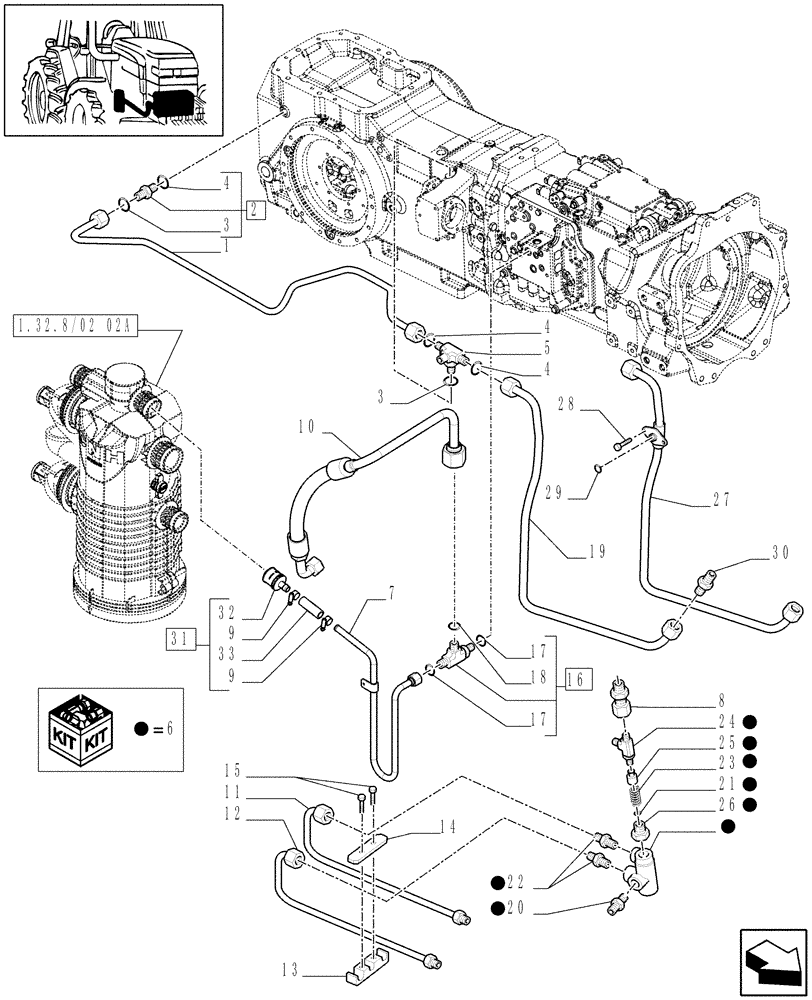 Схема запчастей Case IH MAXXUM 115 - (1.29.7/06[02B]) - TRANSMISSION 16X16 AND 17X16 - GEARBOX LUBRICATION PIPING - D7070 (03) - TRANSMISSION