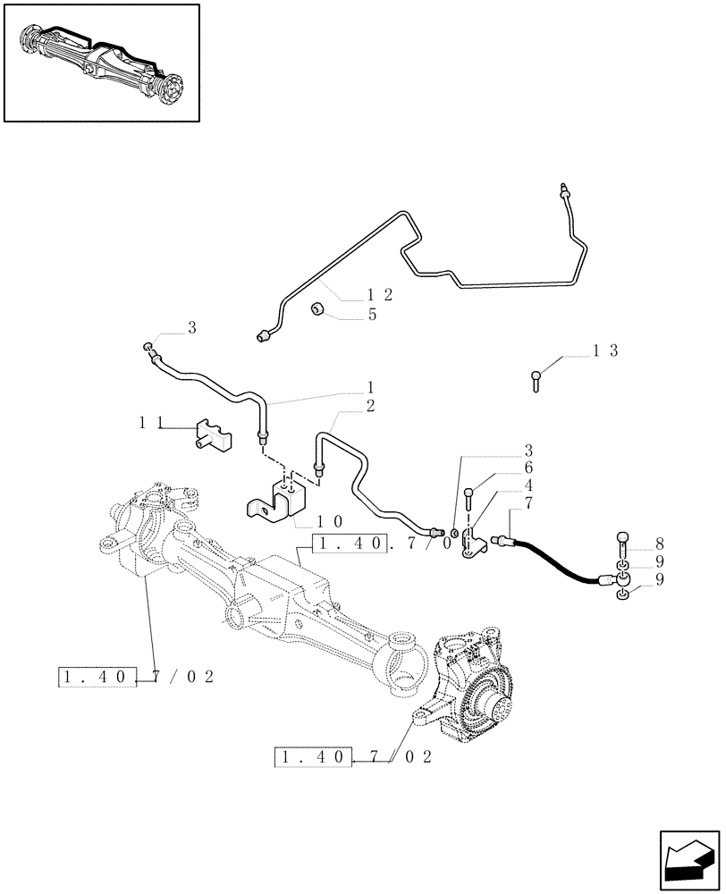 Схема запчастей Case IH MAXXUM 140 - (1.40. 7/14[02]) - (CL.4) FRONT AXLE W/MULTI-PLATE DIFF. LOCK, ST. SENSOR AND BRAKES - BRAKES PIPES (VAR.330426) (04) - FRONT AXLE & STEERING