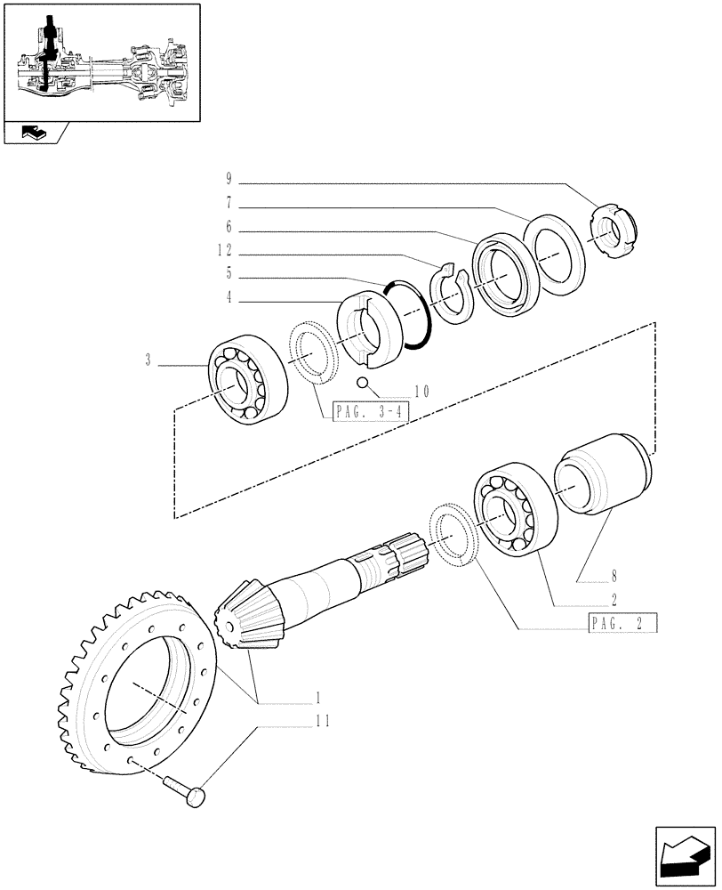 Схема запчастей Case IH FARMALL 85C - (1.40.2/06[01]) - FRONT AXLE W/LIMITED SLIP DIFF, L/FRONT BRAKES (40 KM/H) - BEVEL GEAR/PINION SET (VAR.332328) (04) - FRONT AXLE & STEERING